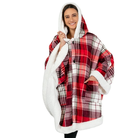 PAVILIA Sherpa Fleece Wearable Blanket for Adult Women, Cozy Plush Blanket Poncho Cape with Hood, Super Soft Shawl, Angel Wrap Throw for Office, Tartan Plaid