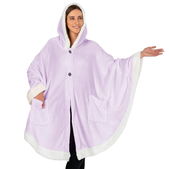 PAVILIA Wearable Blanket for Adult Women, Cozy Plush Fleece Blanket Poncho Cape with Hood, Super Soft Shawl, Angel Wrap Throw for Office, Lavender Purple
