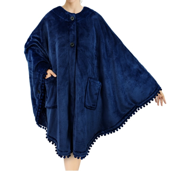 PAVILIA Angel Wrap Poncho Blanket for Women | Plush Warm Fleece Wearable Blanket Shawl Cape with Pom Pom Fringe and Pockets, Cozy Gifts for Women (Navy Blue)