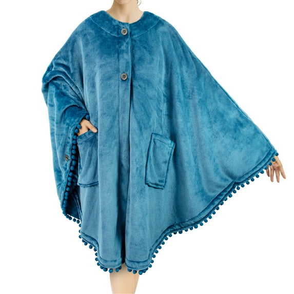 PAVILIA Angel Wrap Poncho Blanket for Women | Plush Warm Fleece Wearable Blanket Shawl Cape with Pom Pom Fringe and Pockets, Cozy Gifts for Women (Sea Blue)