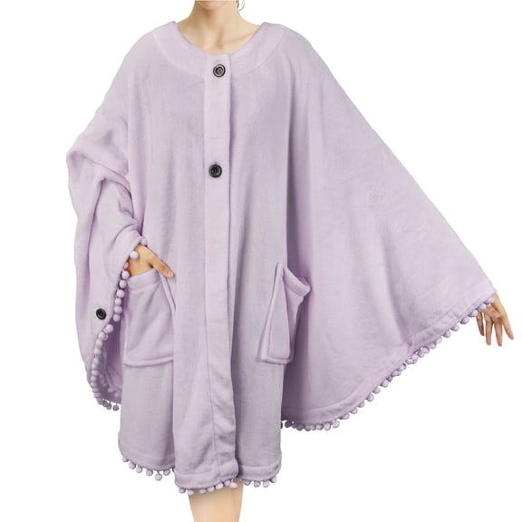 PAVILIA Angel Wrap Poncho Blanket for Women | Plush Warm Wearable Blanket Gift, Fleece Shawl Cape with Pom Pom Fringe and Pockets, Cozy Gifts for Women (Lavender Purple)