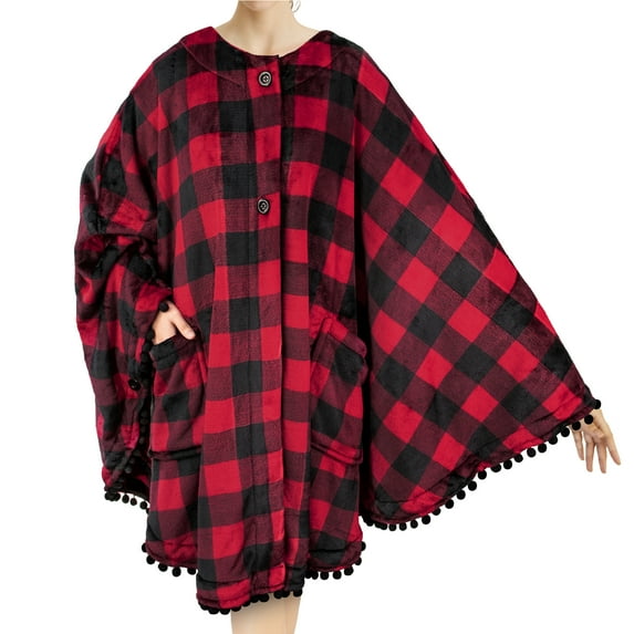 PAVILIA Angel Wrap Poncho Blanket for Women | Plush Warm Wearable Blanket Gift, Fleece Shawl Cape with Pom Pom Fringe and Pockets, Cozy Gifts for Women (Plaid Checker Red)