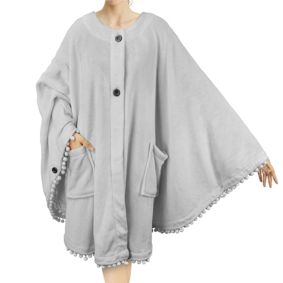 PAVILIA Angel Wrap Poncho Blanket for Women | Plush Warm Wearable Blanket Gift, Fleece Shawl Cape with Pom Pom Fringe and Pockets, Cozy Gifts for Women (Light Gray)