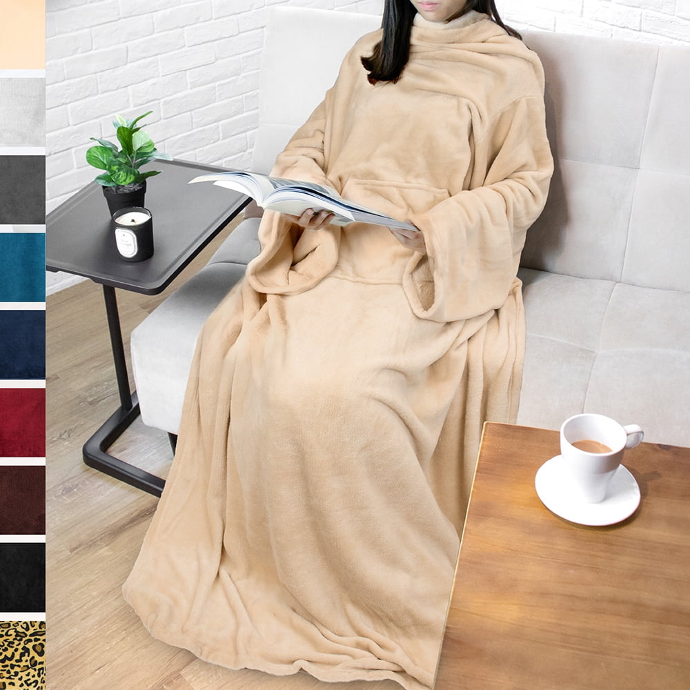 PAVILIA Beige Cream Fleece Wearable Blanket with Sleeves for Adults Women Men, Soft Warm Full Body Wrap Throw, Sweatshirt Pocket, Cozy Pullover Robe Blanket with Arm, Gifts for Christmas Mom Wife