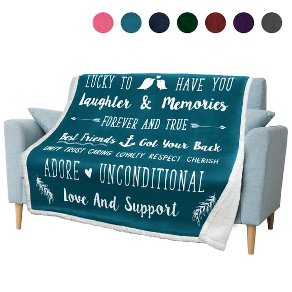 PAVILIA Best Friend Blanket, Friendship Gifts for Women Birthday Soul Sister Long Distance Bestie, Soft Cozy Sherpa Throw Blanket with Sentimental Thoughtful Quotes, BFF Stuff Gift Idea, Teal Sea Blue