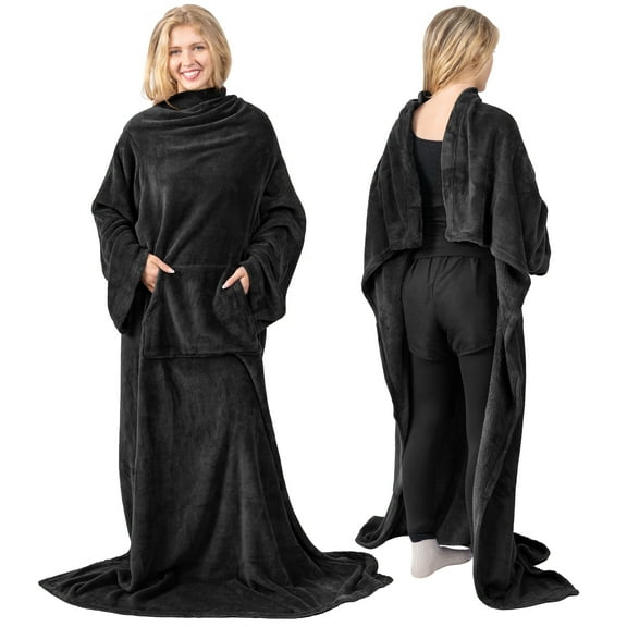 PAVILIA Black Fleece Wearable Blanket with Sleeves for Adults Women Men, Soft Warm Full Body Wrap Throw, Sweatshirt Pocket, Cozy Pullover Robe Blanket with Arm, Gifts for Christmas Mom Wife