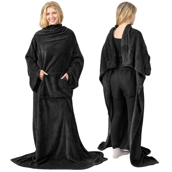 PAVILIA Black Fleece Wearable Blanket with Sleeves for Adults Women Men, Soft Warm Full Body Wrap Throw, Sweatshirt Pocket, Cozy Pullover Robe Blanket with Arm, Gifts for Christmas Mom Wife