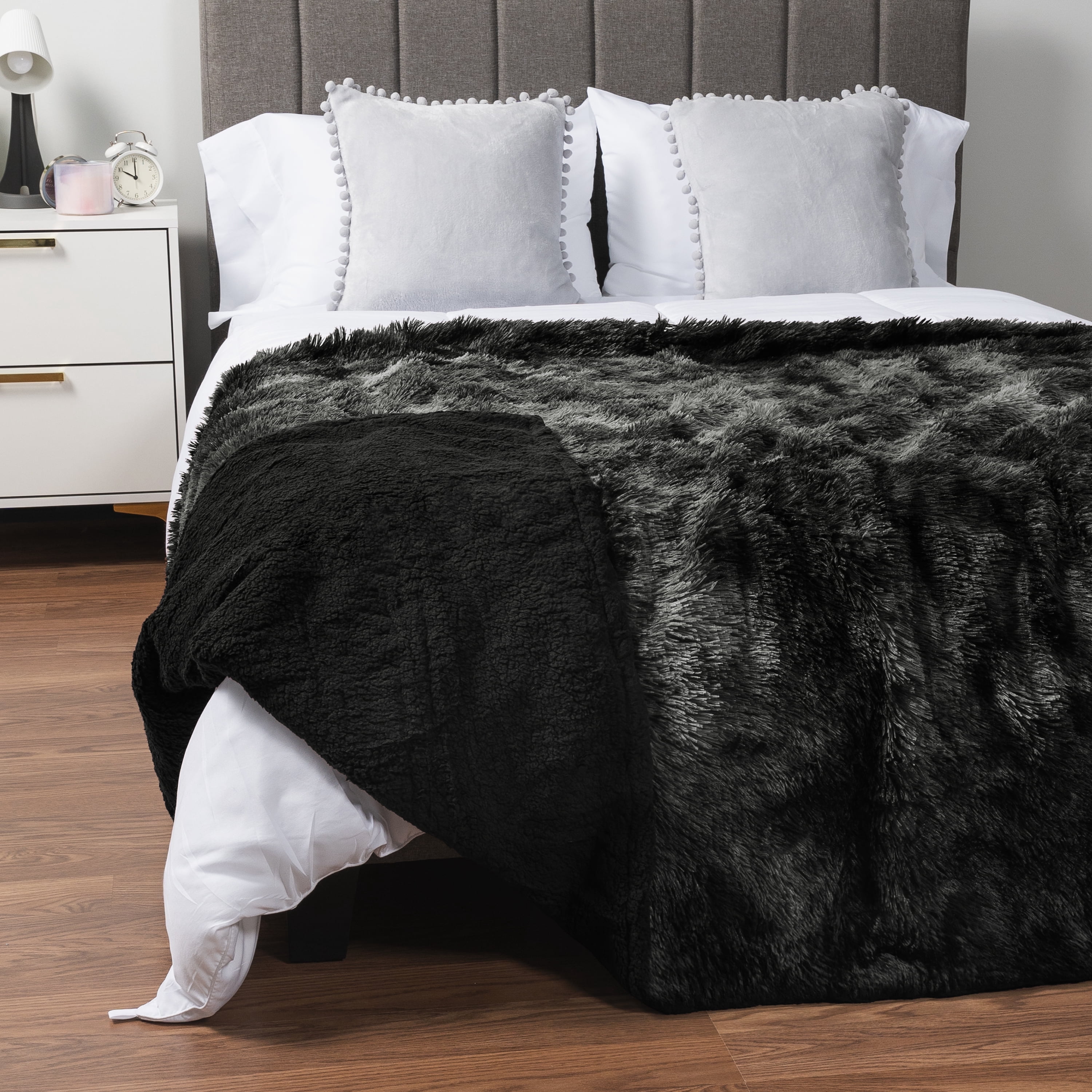 PAVILIA Black Fluffy Bed Blanket, King Size, Fuzzy Blanket for Women Men, Furry Plush Warm Large Blanket for Couch Sofa, Super Soft Thick Faux Fur Sherpa Blanket, Tie-Dye, 90x108