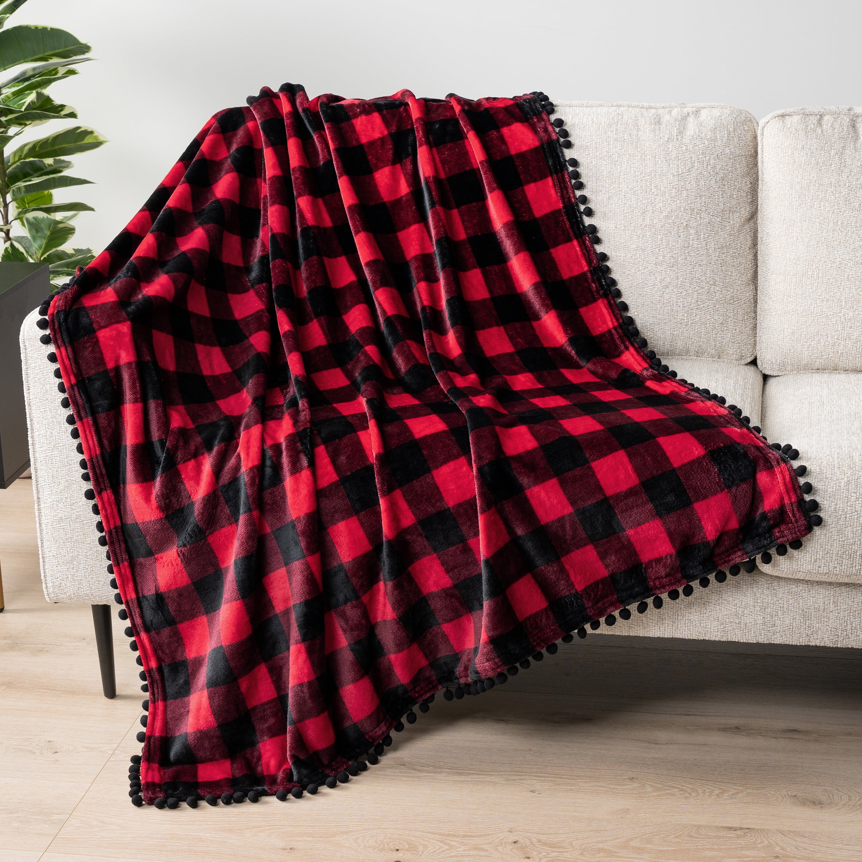 PAVILIA Black Red Fleece Throw Blanket for Couch with Pom Pom Fringe, Buffalo Checkered Plaid, Soft Cozy Fuzzy Flannel Blanket for Sofa Bed, Large Lightweight Plush All Season Throw, 60x80 Inches