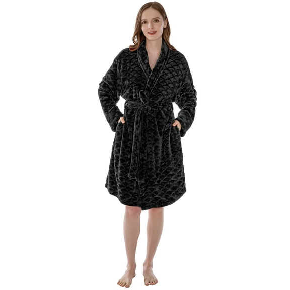 PAVILIA Black Short Robes for Women Plus Size, Plush Soft Womens Bathrobe Lightweight, Fluffy Fuzzy Cozy Women’s Bath Robe Knee Length, Shower SpaHouse Kimono Robe, 2XL/3XL
