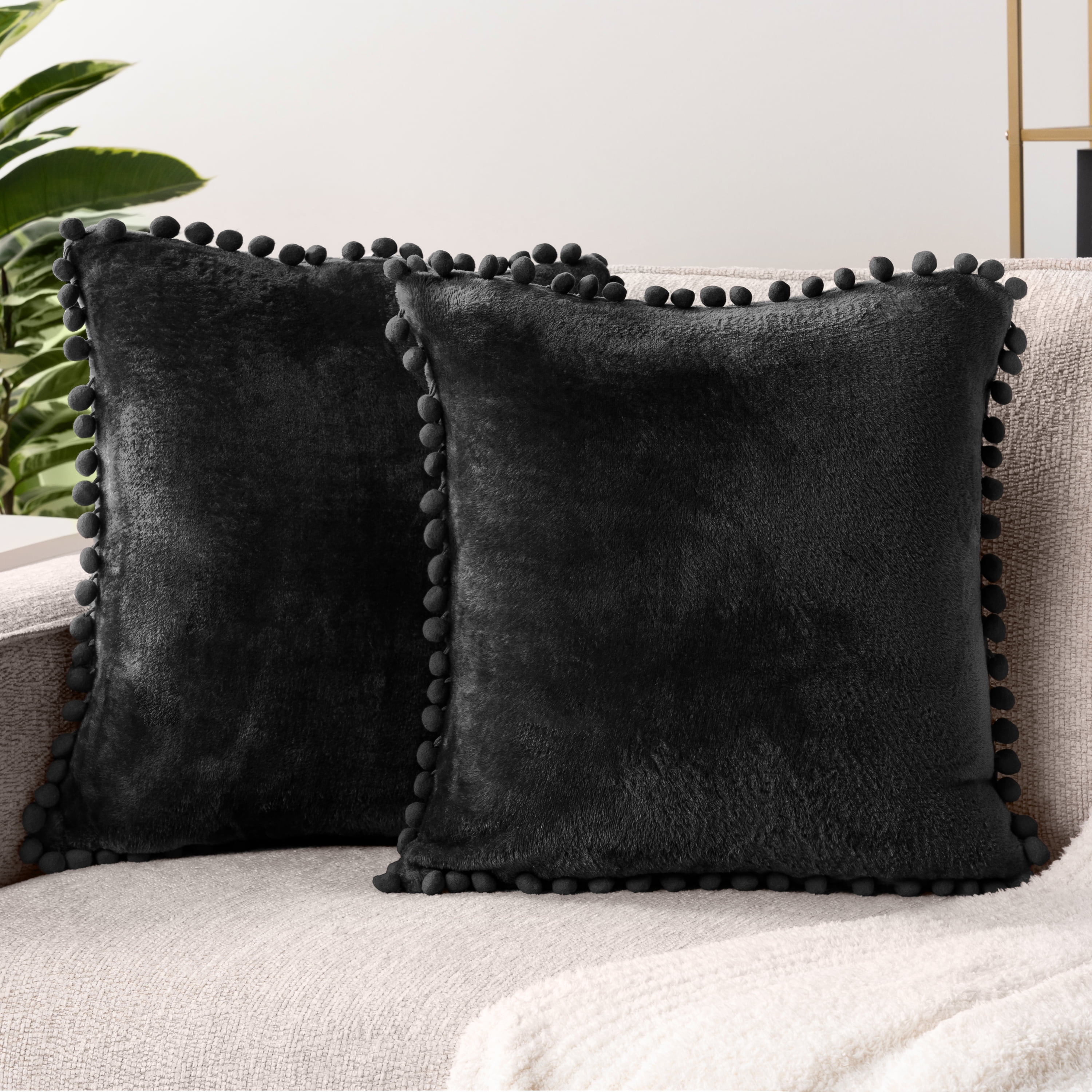 PAVILIA Black Throw Pillow Covers with Pom Pom 20x20 Set of 2 ...