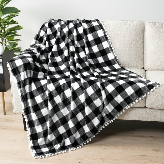 PAVILIA Black White Fleece Throw Blanket for Couch with Pom Pom Fringe, Buffalo Checkered Plaid, Soft Cozy Fuzzy Flannel Blanket for Sofa Bed, Lightweight Plush All Season Throw, 50x60 Inches