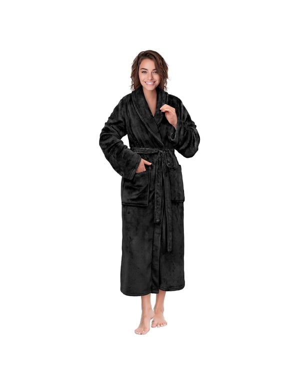 Black Womens Robe, Fleece Plush Soft Fluffy Bathrobe, 2XL/3XL