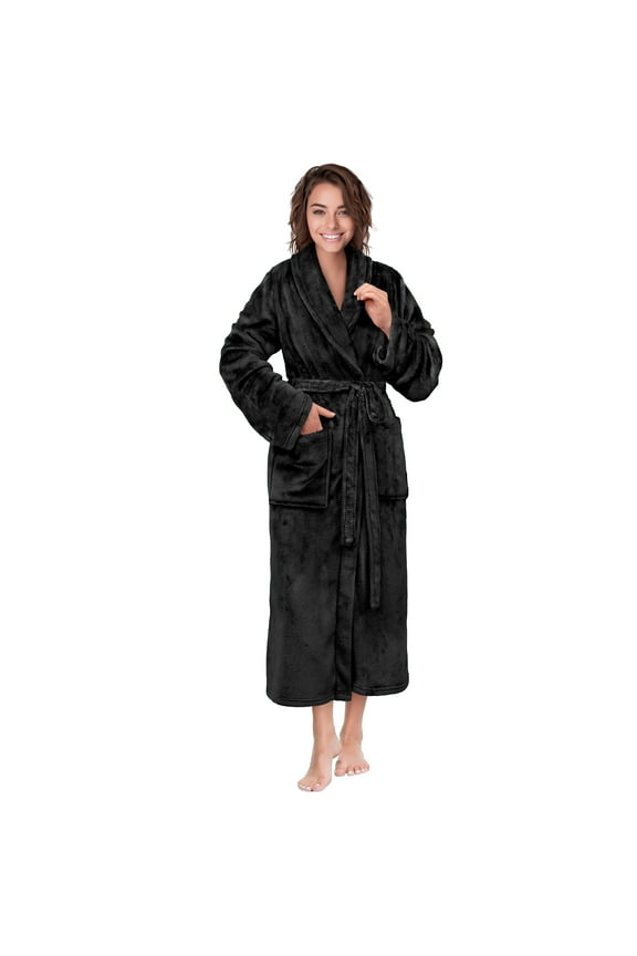 Black Women Robe Fleece Plush Soft, Fluffy Fuzzy Cozy Warm Lightweight Bathrobe, Shower Spa House Long Robe for Women, 2XL/3XL
