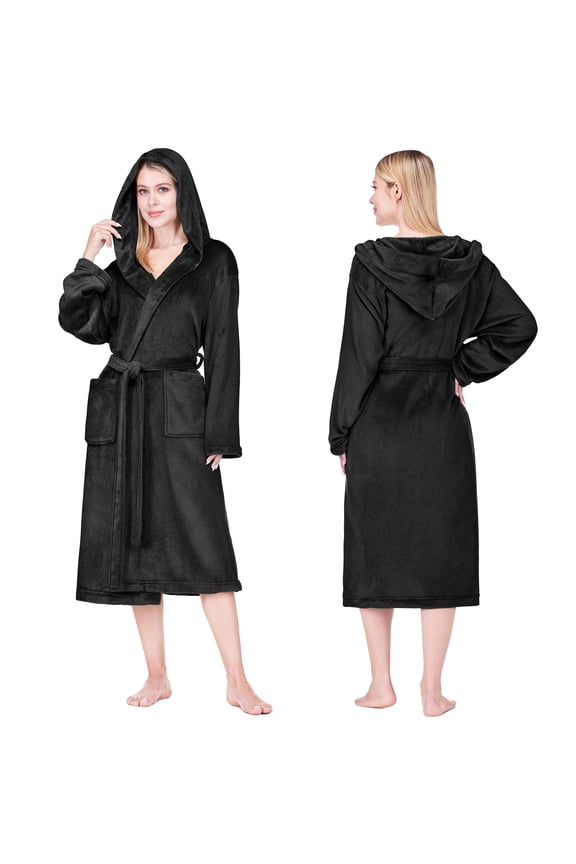 Women’s Hooded Fleece Robe, Soft Plush Long Bathrobe with Hood, Lightweight Warm Cozy Spa Shower Housecoat, L/XL, Black