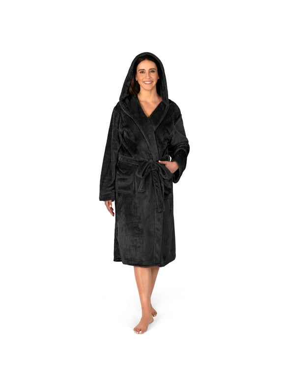 Black Women Robe with Hood, Fleece Lightweight Soft Long Hooded Robe for Women, Plush Fuzzy Cozy Warm Bathrobe Shower Spa House, S/M
