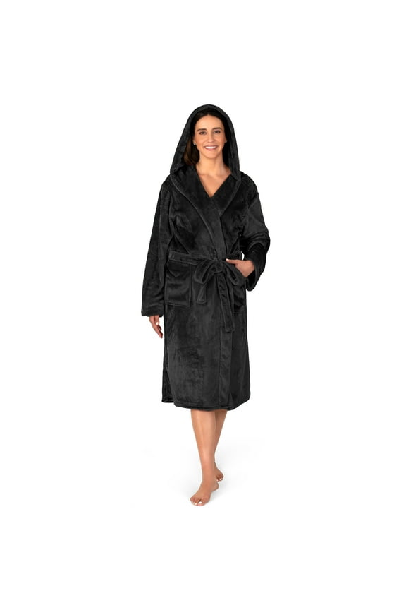 Black Women Robe with Hood, Fleece Lightweight Soft Long Hooded Robe for Women, Plush Fuzzy Cozy Warm Bathrobe Shower Spa House, S/M