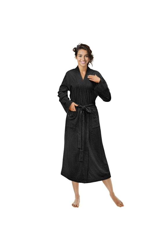 Black Women Waffle Knit Kimono Robe, Soft Cozy Breathable Lightweight Bathrobe with Side Pockets, Shower Spa House Long Robe for Women, L/XL