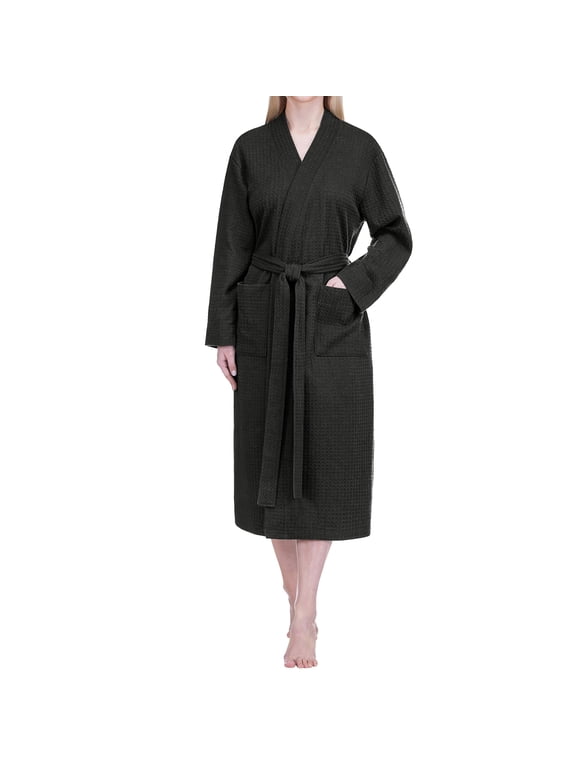 Womens Waffle Robe Lightweight Cotton Blend Bathrobe, Black, S/M