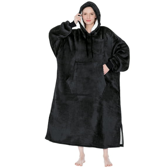 PAVILIA Blanket Hoodie for Women Black, Sherpa Wearable Blanket Men, Cozy Oversized Sweatshirt Blanket, Warm Fleece Hooded Blanket Sweater with Sleeves and Giant Pocket, Adult Long, Black