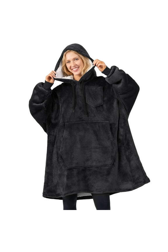 Blanket Hoodie for Women Black, Sherpa Wearable Blanket Men, Cozy Oversized Sweatshirt Blanket, Warm Fleece Hooded Blanket Sweater with Sleeves and Giant Pocket, Black