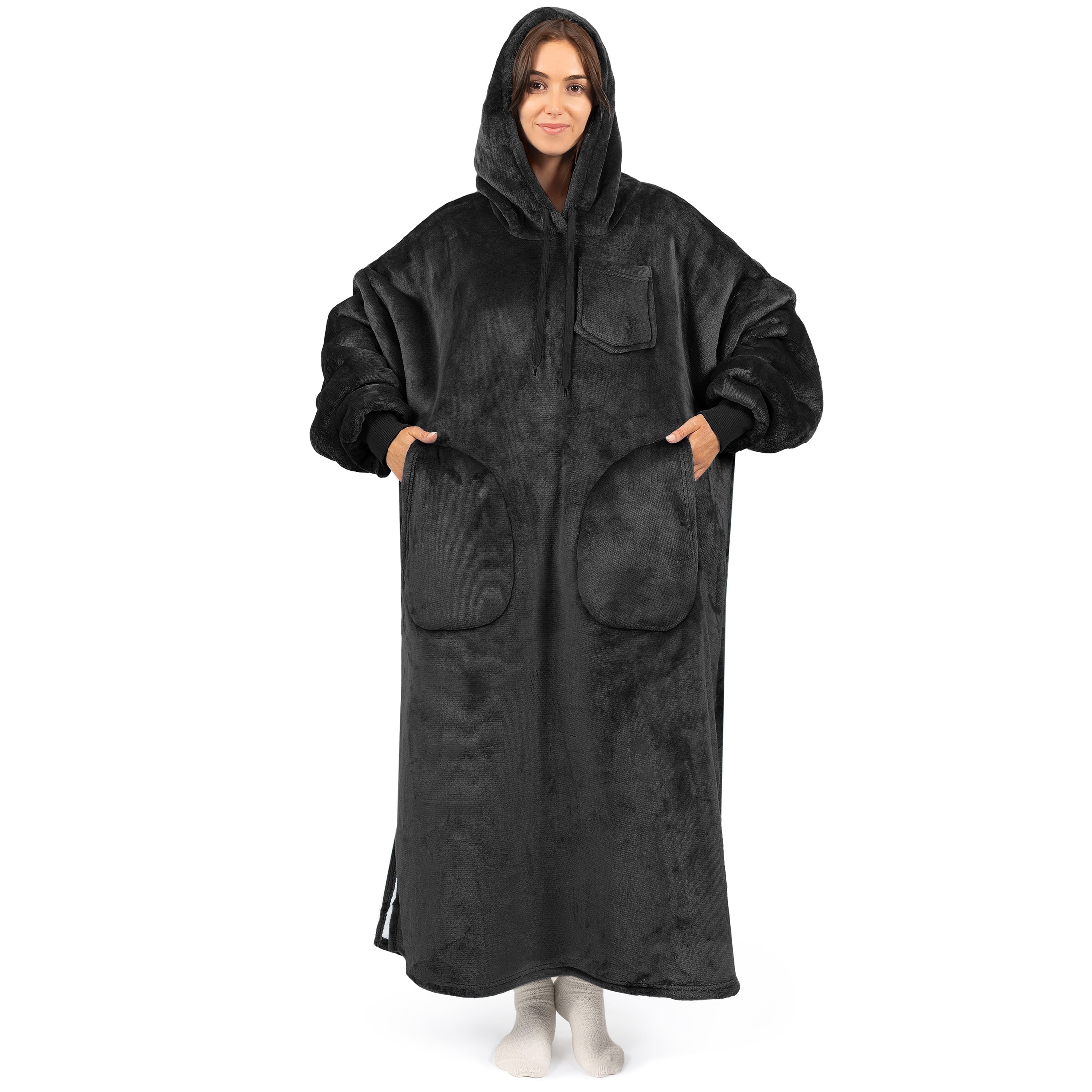PAVILIA Blanket Hoodie for Women Black, Sherpa Wearable Blanket Men, Cozy Oversized Sweatshirt Blanket, Warm Fleece Hooded Blanket Sweater with Sleeves and Two Big Pocket, Adult Long, Black