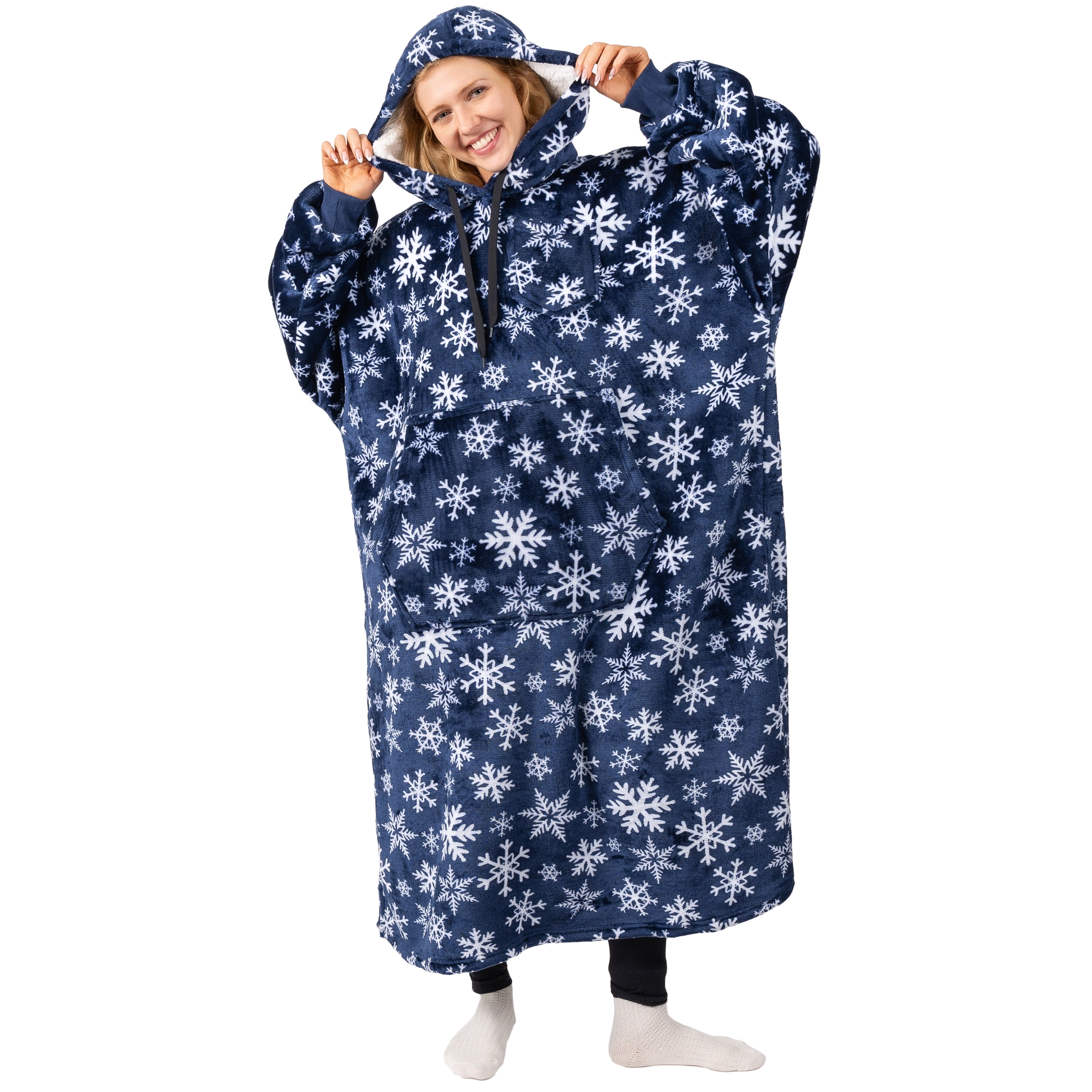 PAVILIA Blanket Hoodie for Women Blue, Sherpa Wearable Blanket Men, Cozy Oversized Sweatshirt Blanket, Warm Fleece Hooded Blanket Sweater with Sleeves and Giant Pocket, Adult Long, Blue Snowflake