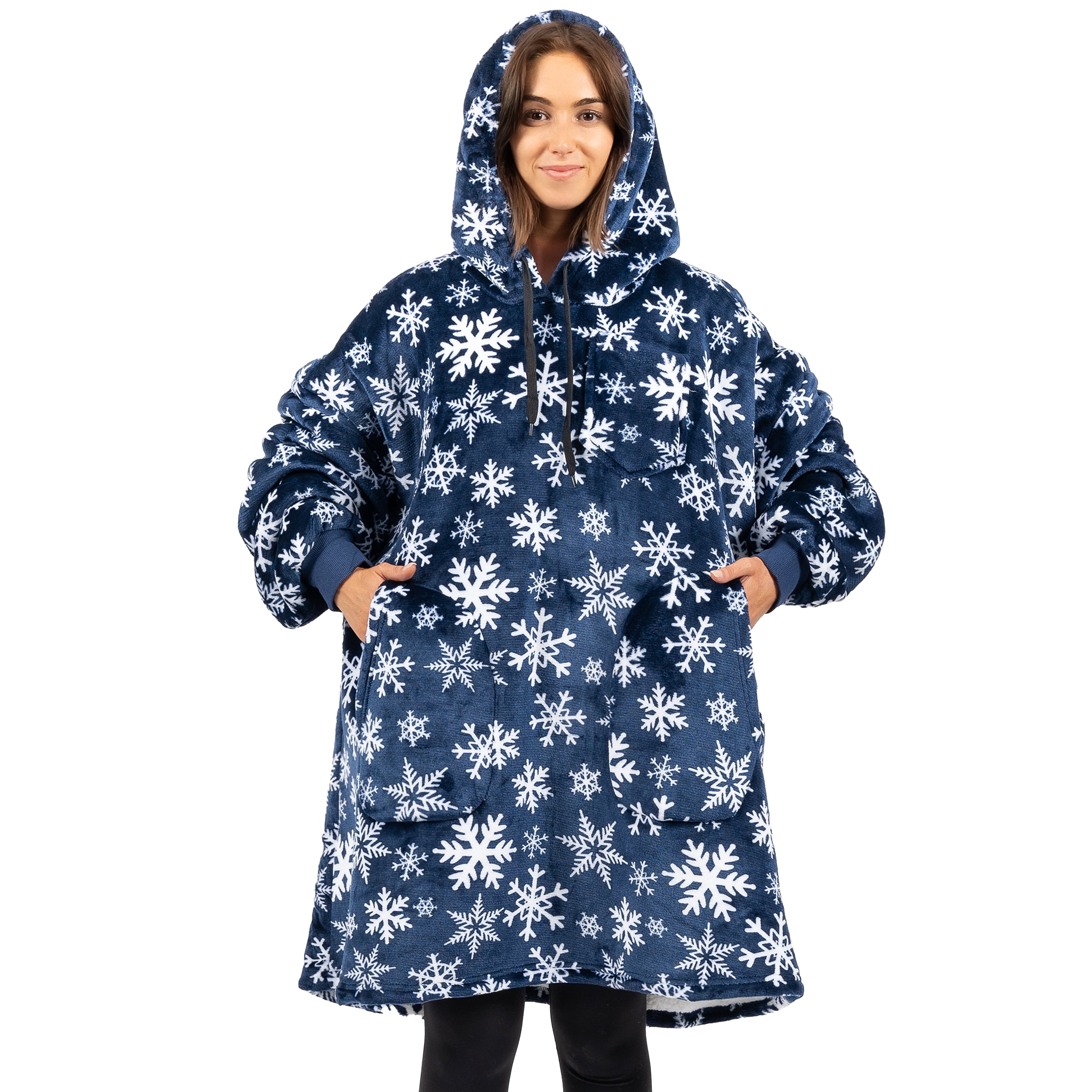 PAVILIA Blanket Hoodie for Women Blue, Sherpa Wearable Blanket Men, Cozy Oversized Sweatshirt Blanket, Warm Fleece Hooded Blanket Sweater with Sleeves and Two Big Pocket, Blue Snowflake