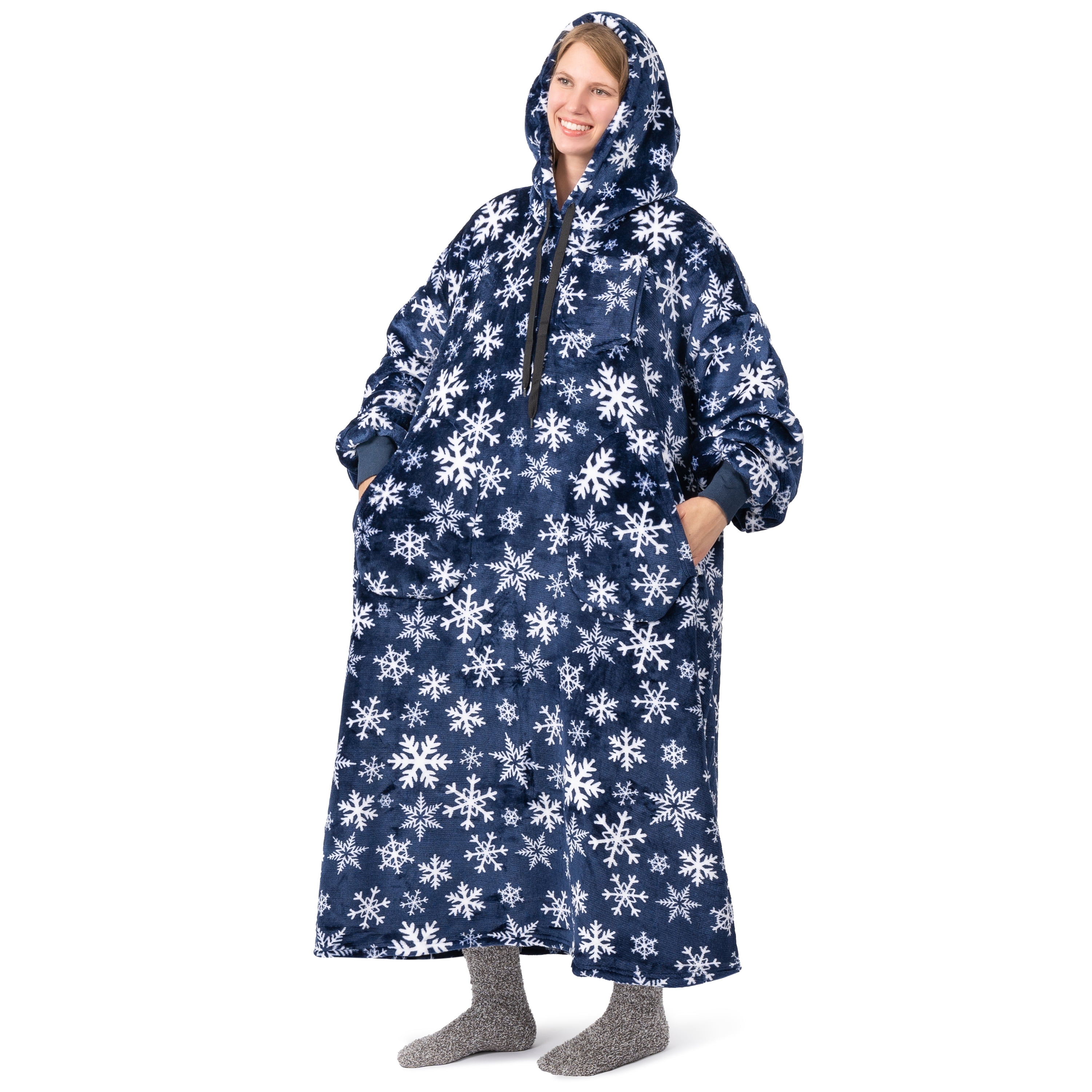 PAVILIA Blanket Hoodie for Women Blue, Sherpa Wearable Blanket Men, Cozy Oversized Sweatshirt Blanket, Warm Fleece Hooded Blanket Sweater with Sleeves and Two Big Pocket, Adult Long, Blue Snowflake