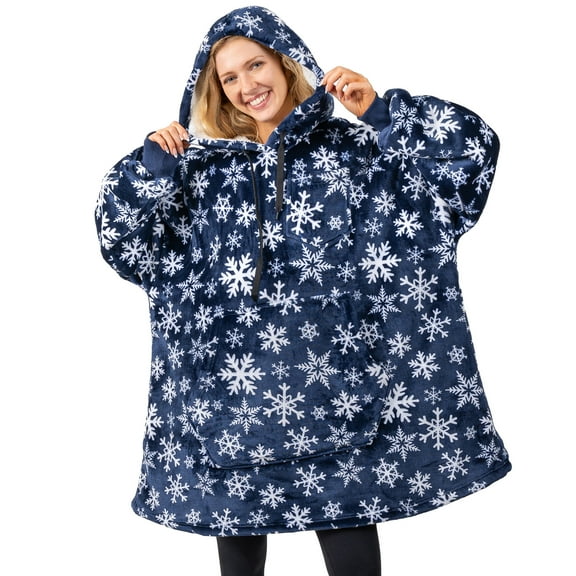 PAVILIA Blanket Hoodie for Women Blue, Sherpa Wearable Blanket Men, Cozy Oversized Sweatshirt Blanket, Warm Fleece Hooded Blanket Sweater with Sleeves and Giant Pocket, Blue Snowflake
