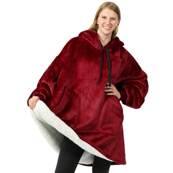 PAVILIA Blanket Hoodie for Women Burgundy, Sherpa Wearable Blanket Men, Cozy Oversized Sweatshirt Blanket, Warm Fleece Hooded Blanket Sweater with Sleeves and Two Big Pocket, Wine Red