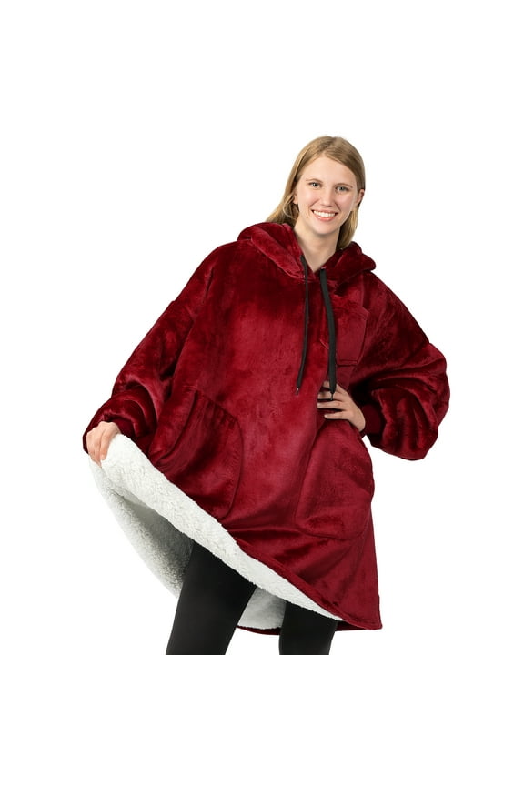 Blanket Hoodie for Women Burgundy, Sherpa Wearable Blanket Men, Cozy Oversized Sweatshirt Blanket, Warm Fleece Hooded Blanket Sweater with Sleeves and Two Big Pocket, Wine Red