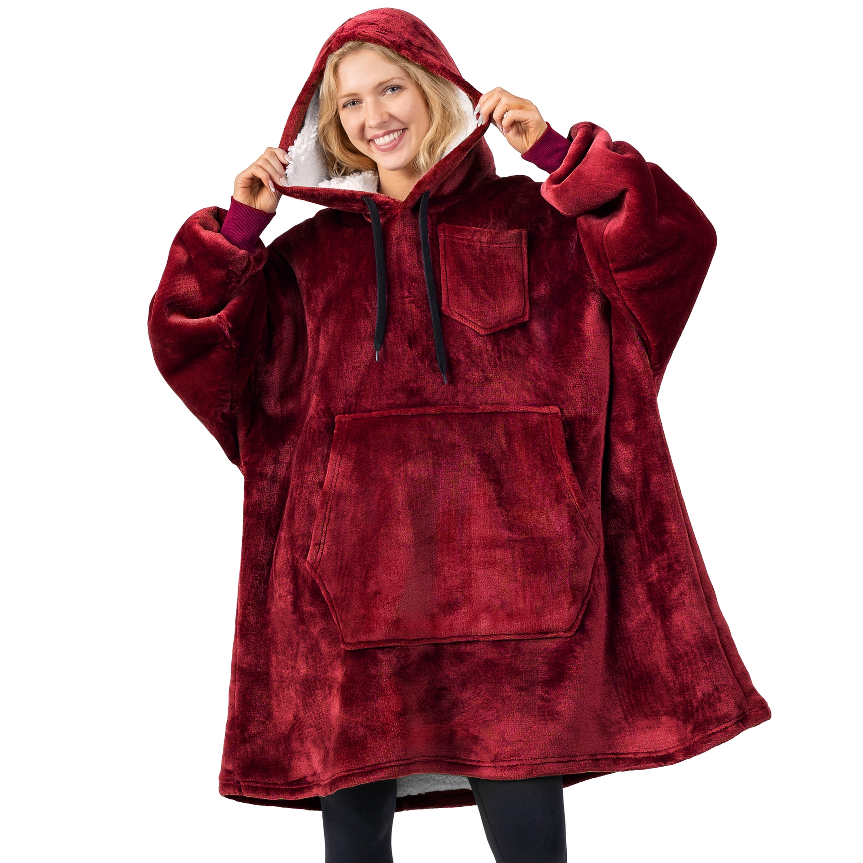 PAVILIA Blanket Hoodie for Women Burgundy, Sherpa Wearable Blanket Men, Cozy Oversized Sweatshirt Blanket, Warm Fleece Hooded Blanket Sweater with Sleeves and Giant Pocket, Wine Red