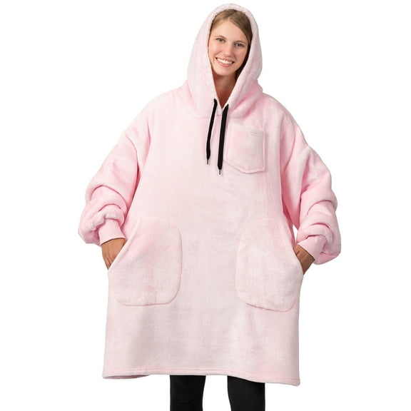 PAVILIA Blanket Hoodie for Women Pink, Sherpa Wearable Blanket Men, Cozy Oversized Sweatshirt Blanket, Warm Fleece Hooded Blanket Sweater with Sleeves and Two Big Pocket, Pink