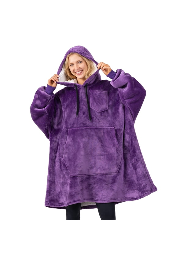 Blanket Hoodie for Women Purple, Sherpa Wearable Blanket Men, Cozy Oversized Sweatshirt Blanket, Warm Fleece Hooded Blanket Sweater with Sleeves and Giant Pocket, Purple