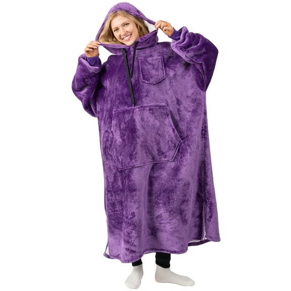 PAVILIA Blanket Hoodie for Women Purple, Sherpa Wearable Blanket Men, Cozy Oversized Sweatshirt Blanket, Warm Fleece Hooded Blanket Sweater with Sleeves and Giant Pocket, Adult Long, Purple