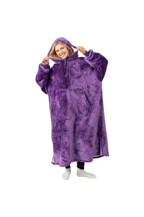Blanket Hoodie for Women Purple, Sherpa Wearable Blanket Men, Cozy Oversized Sweatshirt Blanket, Warm Fleece Hooded Blanket Sweater with Sleeves and Giant Pocket, Adult Long, Purple
