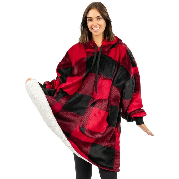 PAVILIA Blanket Hoodie for Women Red, Sherpa Wearable Blanket Men, Cozy Oversized Sweatshirt Blanket, Warm Fleece Hooded Blanket Sweater with Sleeves and Two Big Pocket, Plaid Red