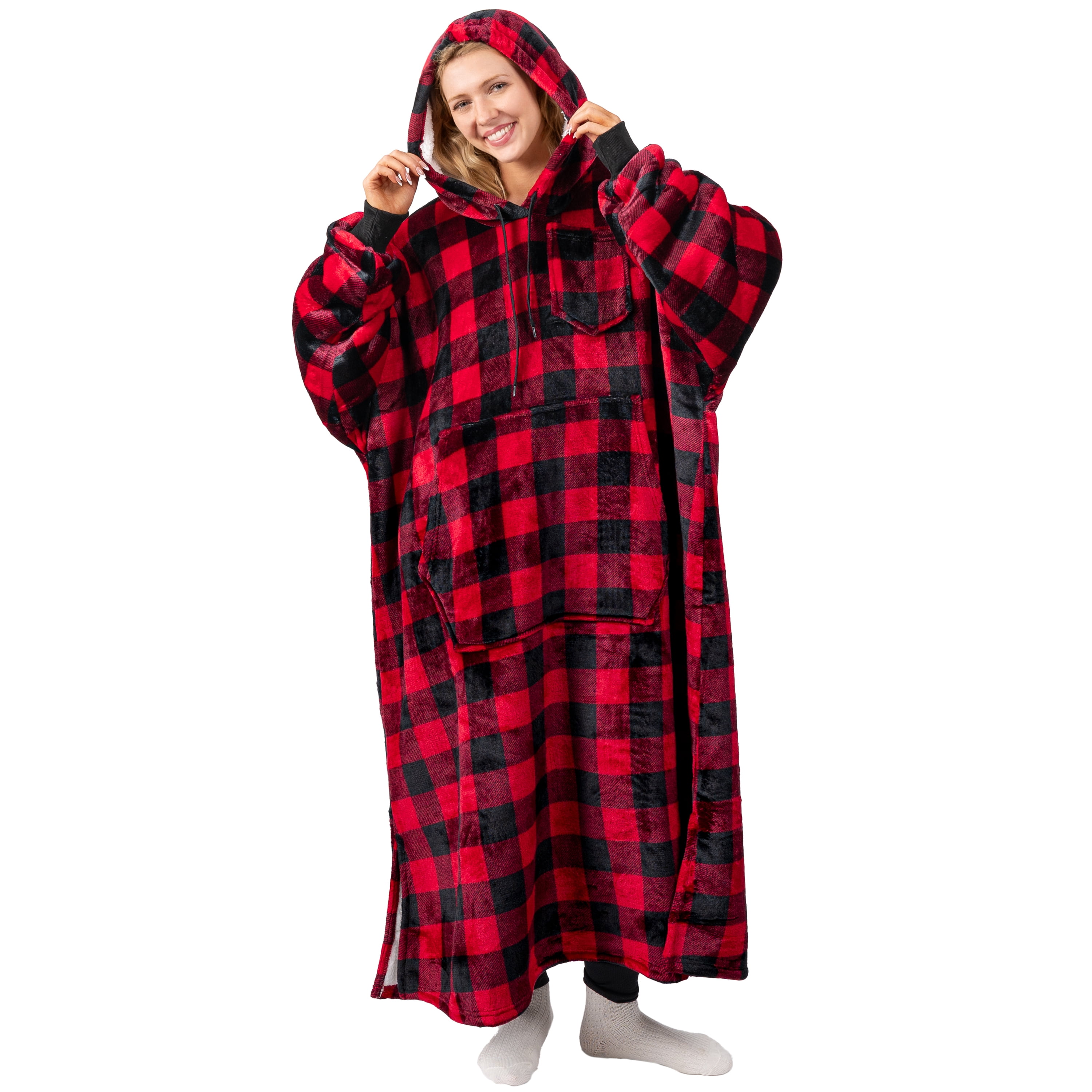 PAVILIA Blanket Hoodie for Women Red, Sherpa Wearable Blanket Men, Cozy Oversized Sweatshirt Blanket, Warm Fleece Hooded Blanket Sweater with Sleeves and Giant Pocket, Adult Long, Checker Red