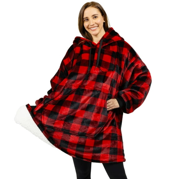 PAVILIA Blanket Hoodie for Women Red, Sherpa Wearable Blanket Men, Cozy Oversized Sweatshirt Blanket, Warm Fleece Hooded Blanket Sweater with Sleeves and Giant Pocket, Checker Red