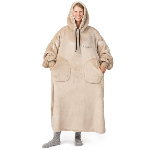 PAVILIA Blanket Hoodie for Women Tan, Sherpa Wearable Blanket Men, Cozy Oversized Sweatshirt Blanket, Warm Fleece Hooded Blanket Sweater with Sleeves and Two Big Pocket, Adult Long, Taupe