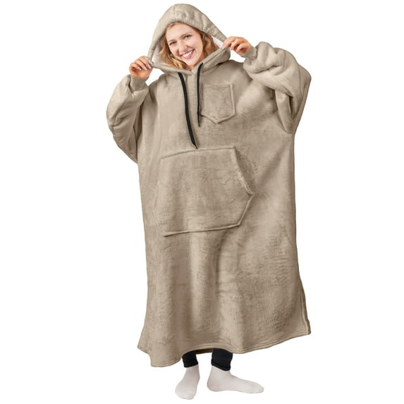 PAVILIA Blanket Hoodie for Women Tan, Sherpa Wearable Blanket Men, Cozy Oversized Sweatshirt Blanket, Warm Fleece Hooded Blanket Sweater with Sleeves and Giant Pocket, Adult Long, Taupe