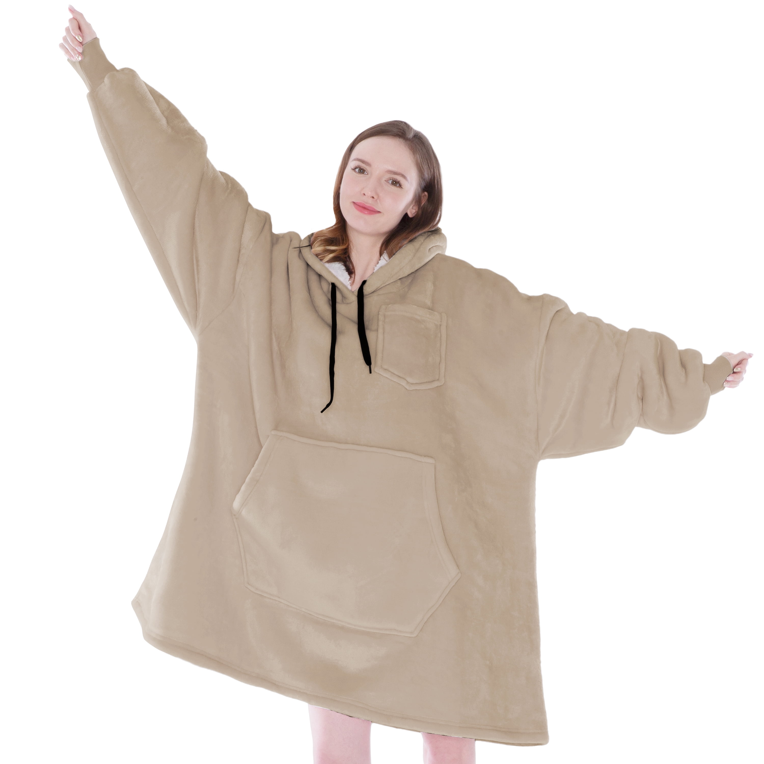 PAVILIA Blanket Hoodie for Women Tan, Sherpa Wearable Blanket Men
