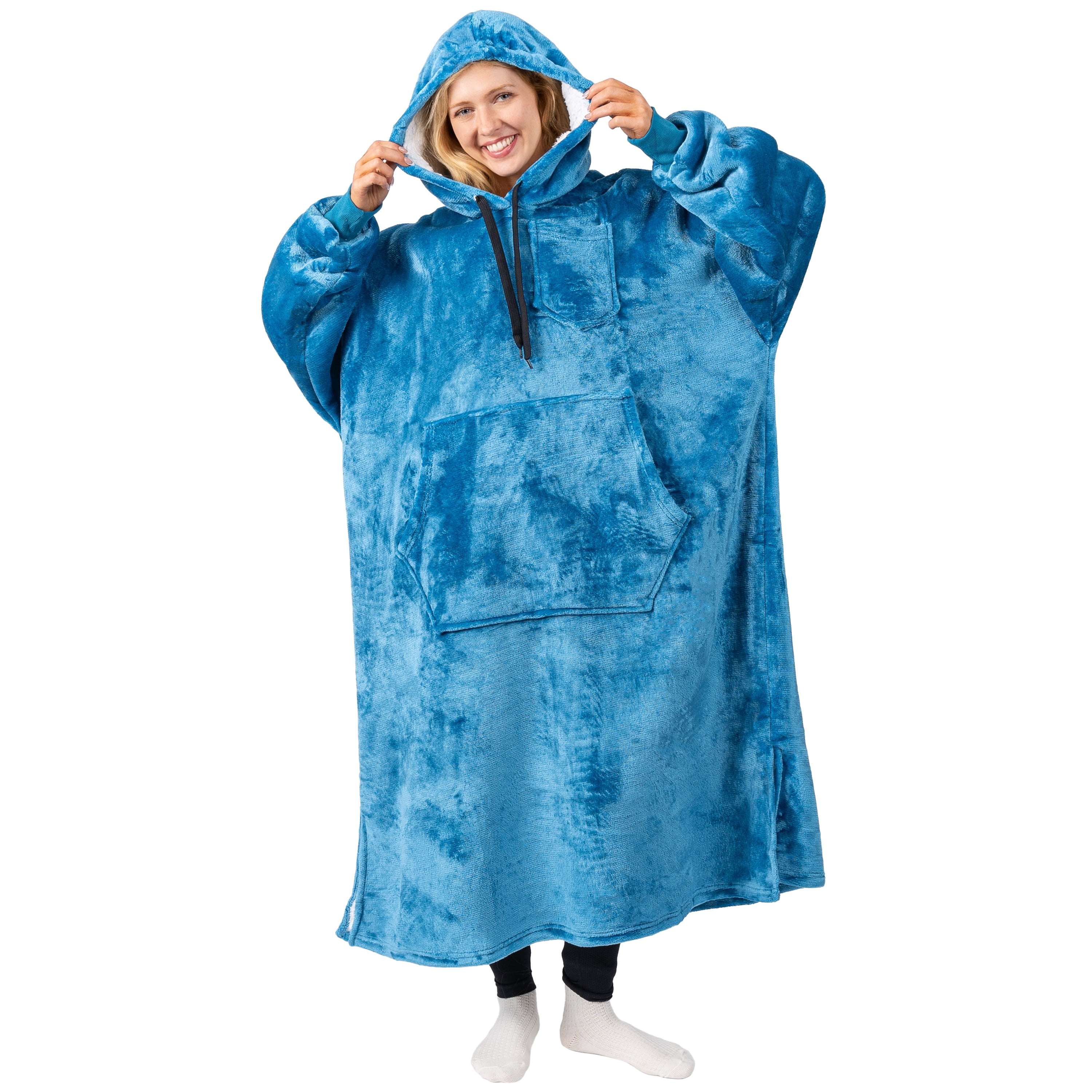 PAVILIA Blanket Hoodie for Women Teal, Sherpa Wearable Blanket Men