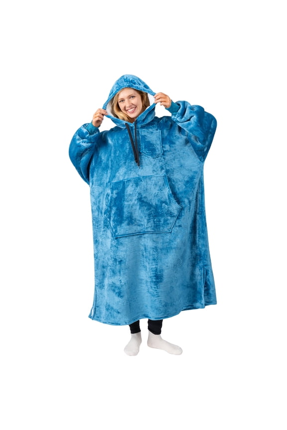 Blanket Hoodie for Women Teal, Sherpa Wearable Blanket Men, Cozy Oversized Sweatshirt Blanket, Warm Fleece Hooded Blanket Sweater with Sleeves and Giant Pocket, Adult Long, Teal Blue