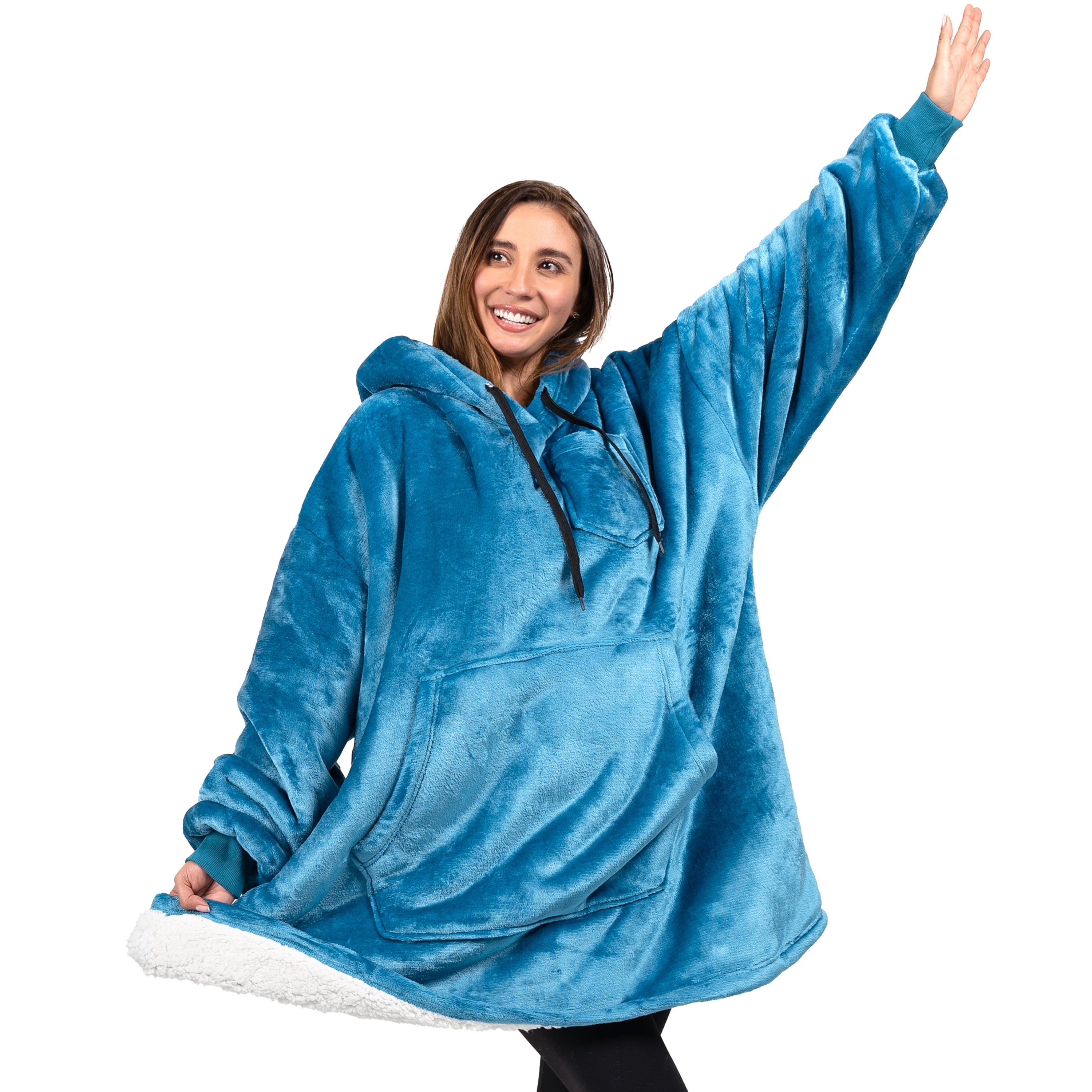 PAVILIA Blanket Hoodie for Women Teal, Sherpa Wearable Blanket Men