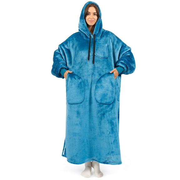 PAVILIA Blanket Hoodie for Women Teal, Sherpa Wearable Blanket Men, Cozy Oversized Sweatshirt Blanket, Warm Fleece Hooded Blanket Sweater with Sleeves and Two Big Pocket, Adult Long, Teal Blue