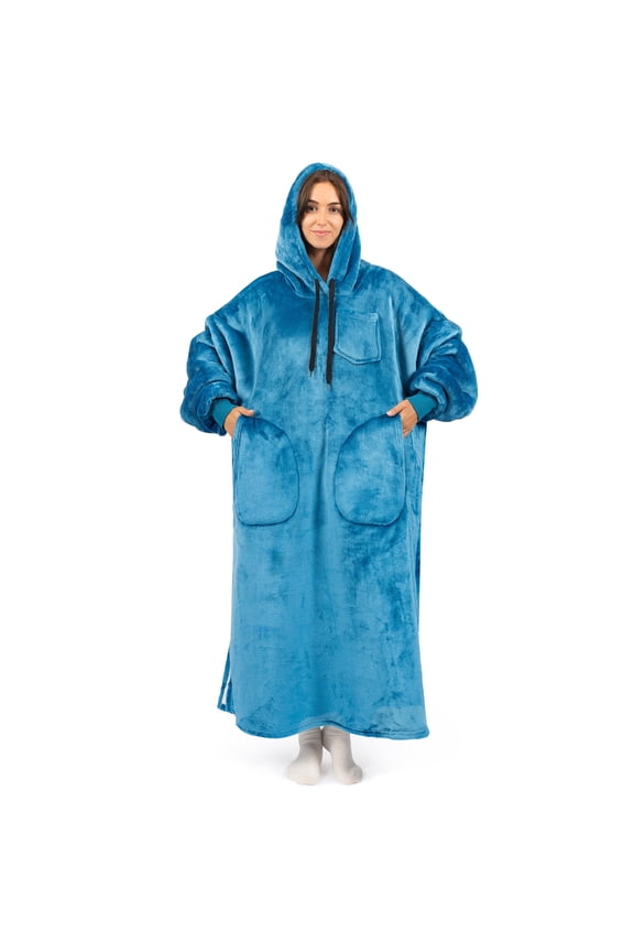 Blanket Hoodie for Women Teal, Sherpa Wearable Blanket Men, Cozy Oversized Sweatshirt Blanket, Warm Fleece Hooded Blanket Sweater with Sleeves and Two Big Pocket, Adult Long, Teal Blue
