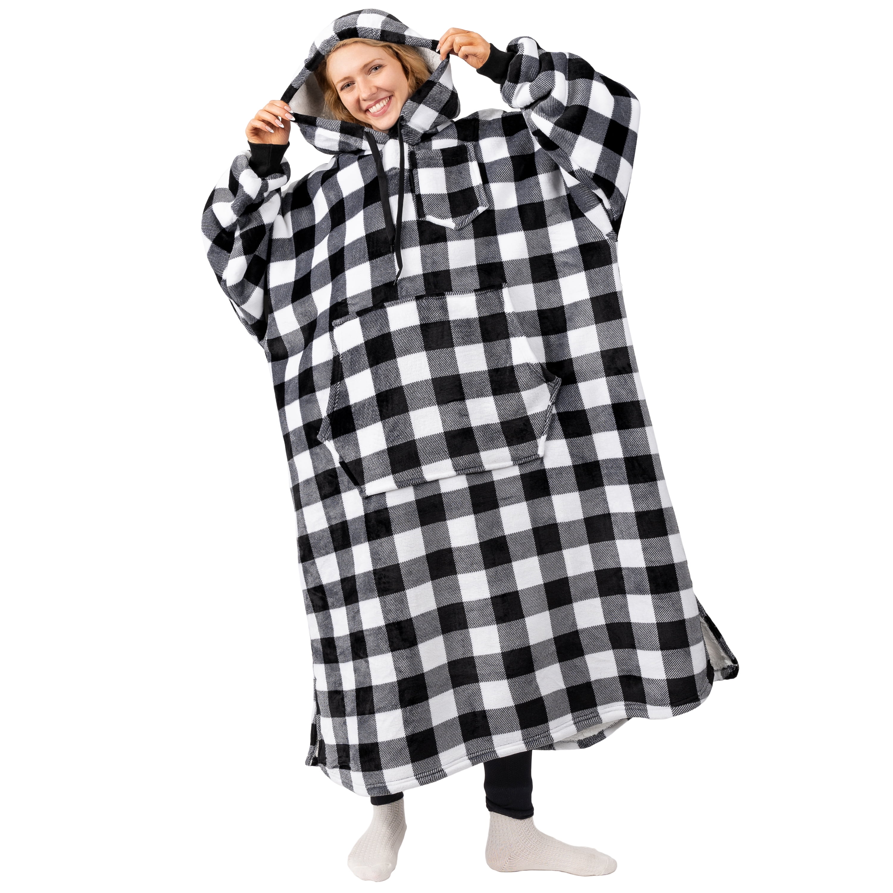 PAVILIA Blanket Hoodie for Women White, Sherpa Wearable Blanket Men, Cozy Oversized Sweatshirt Blanket, Warm Fleece Hooded Blanket Sweater with Sleeves and Giant Pocket, Adult Long, Checker White