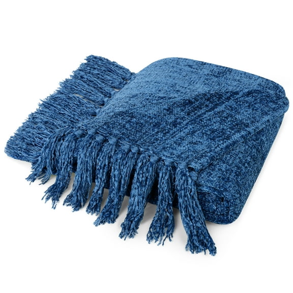 PAVILIA Blue Chenille Throw Blanket for Couch, Soft Blue Knit Blanket with Tassel Fringe, Woven Chenille Knitted Decorative Blanket for Sofa Bed Living Room, Decor Gift, 50x60